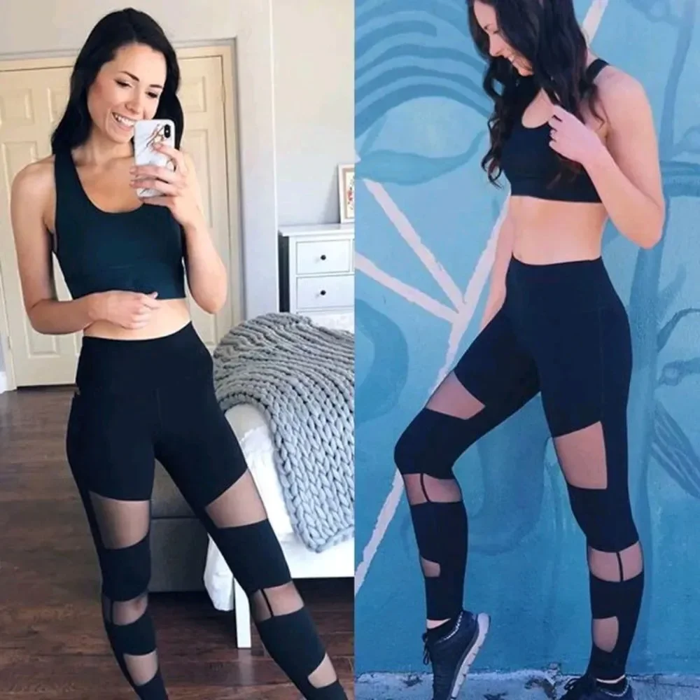 US High Waist Workout Running Gym Sport Womens Pants Fitness Black Mesh Leggings